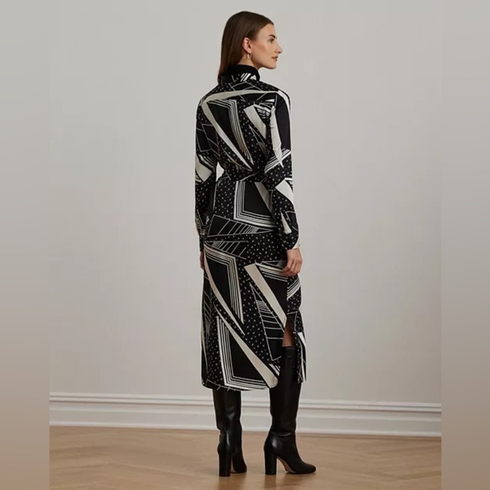 NWT Ralph Lauren Geo-Print Belted Sateen Silky Twill Shirtdress Black Cream 18 - Picture 2 of 16